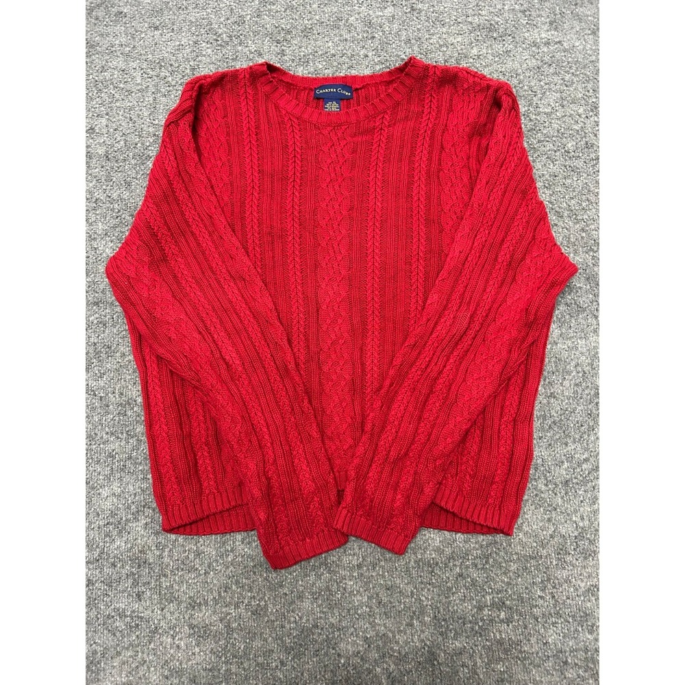 Charter Club Sweater Womens XL Red Cable Knit Cotton Crew Neck Long Sleeve